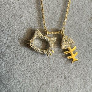Gold Cat and Fishbone Pendant Necklace